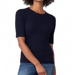 NEW REPEAT CASHMERE short sleeve fine rib crew sweater in navy